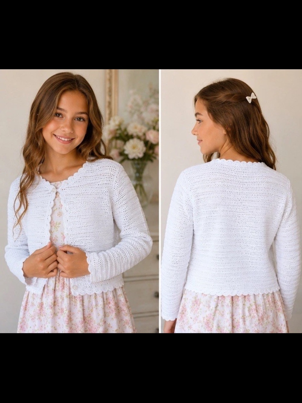 Green Dog Girls Crochet Cardigan Sweater White Scallop Trim Youth Size 16